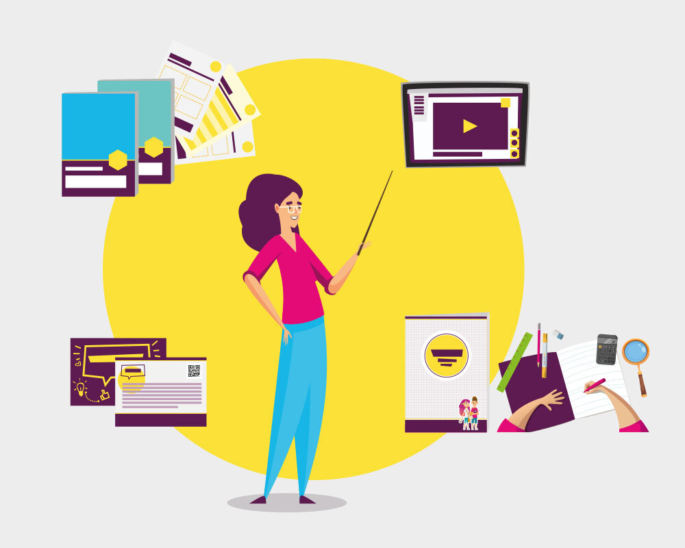 Teacher with materials surrounding her