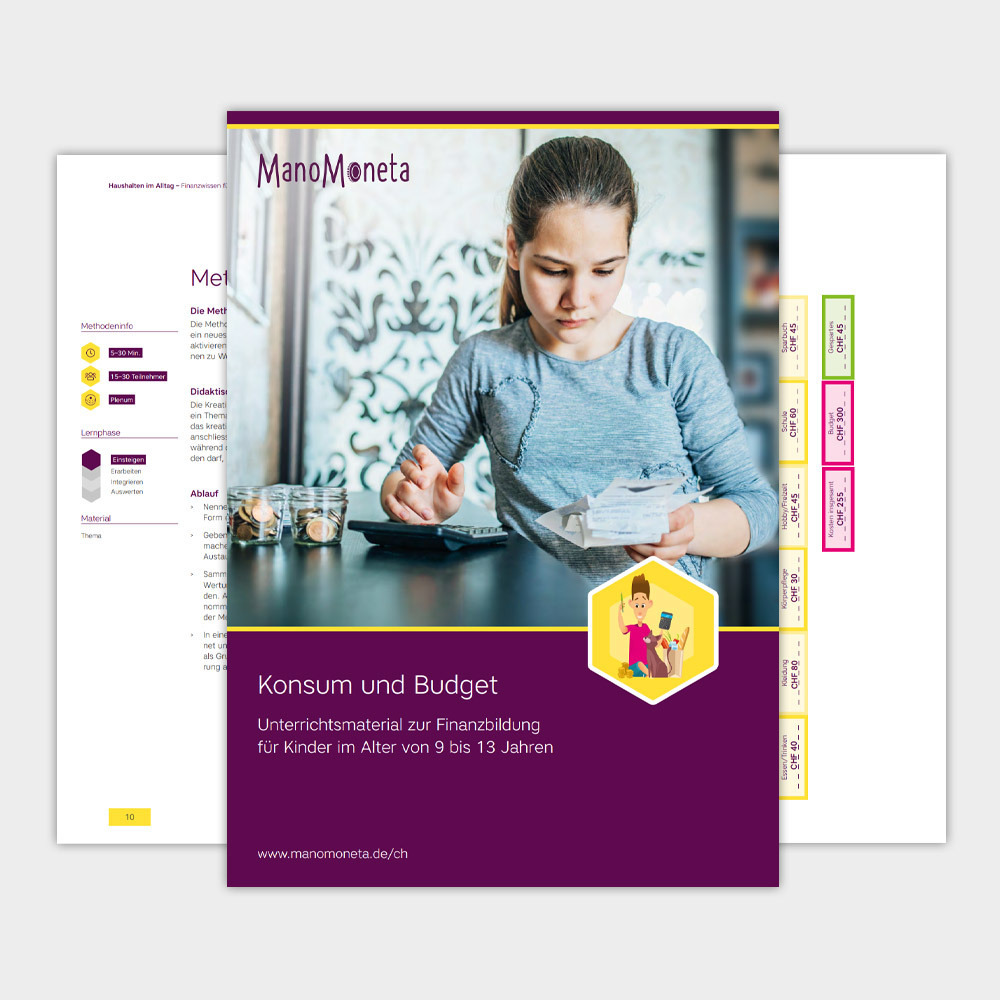 Vorschaubild eines Unterrichtsmaterials, auf dem ein Mädchen zu sehen ist, das einen Taschenrechner mit einer Hand bedient und mehrere Rechnungen in der anderen Hand hält.