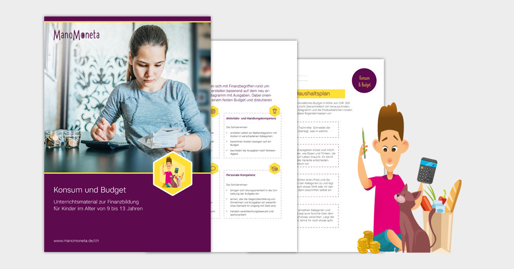 Vorschau eines Unterrichtsmaterials mit einer Figur im Vordergeund, die Einkäufe neben sich hat und einen Taschenrechner und einen Stift in den Händen hält. Im Hintergrund ist das Unterrichtsmaterial zu sehen.