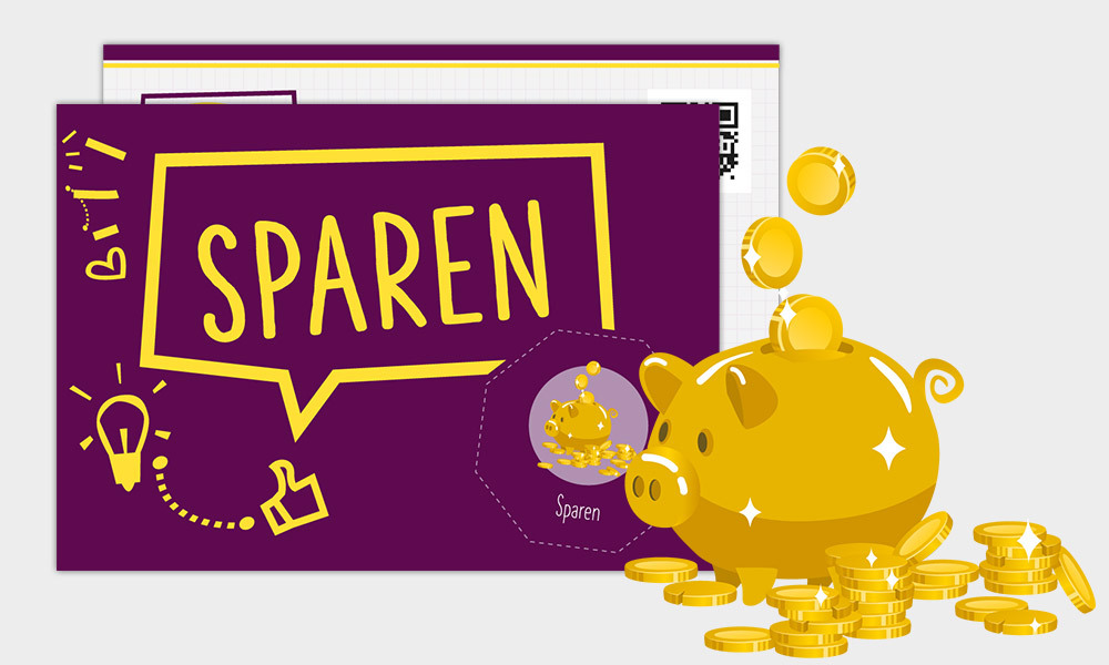 Karte zum Thema Sparen mit einem goldenen Sparschwein