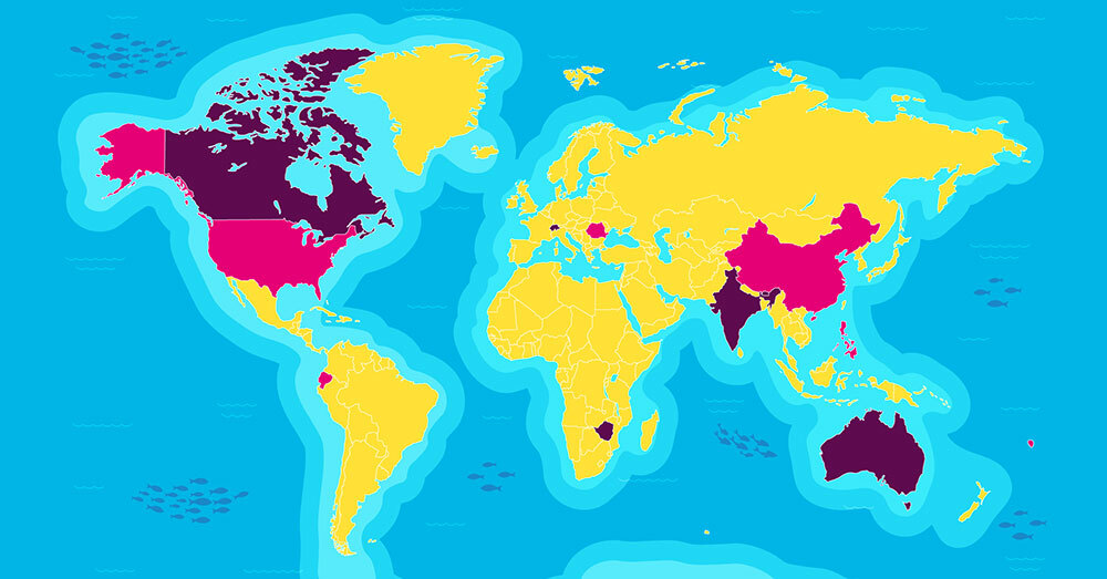 Eine Weltkarte, in der verschiedene Länder farblich hervorgehoben sind